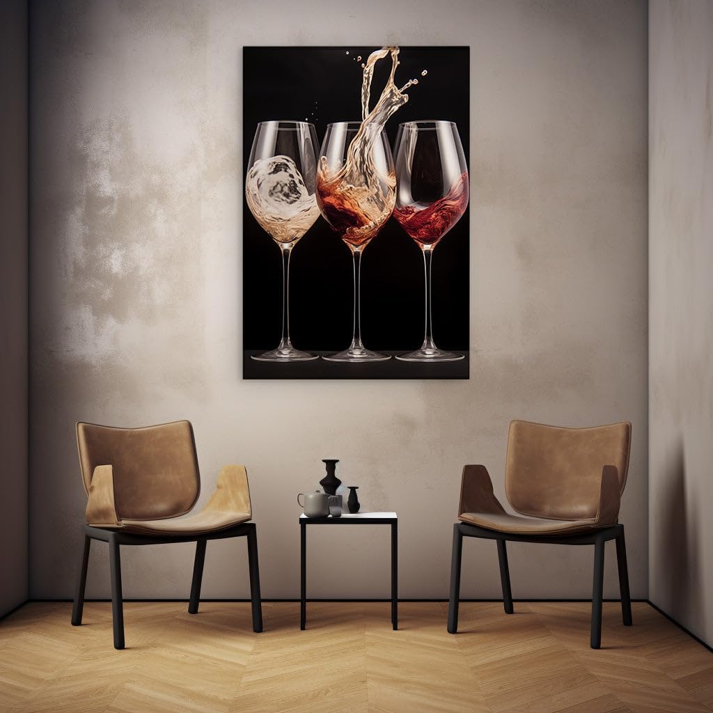 Canvas for Living room. Vivacious Vintages: A Dynamic Trio of Wine Glasses Caught in Motion, 27 x 18 inch Canvas Wall Art - Ready to Hang