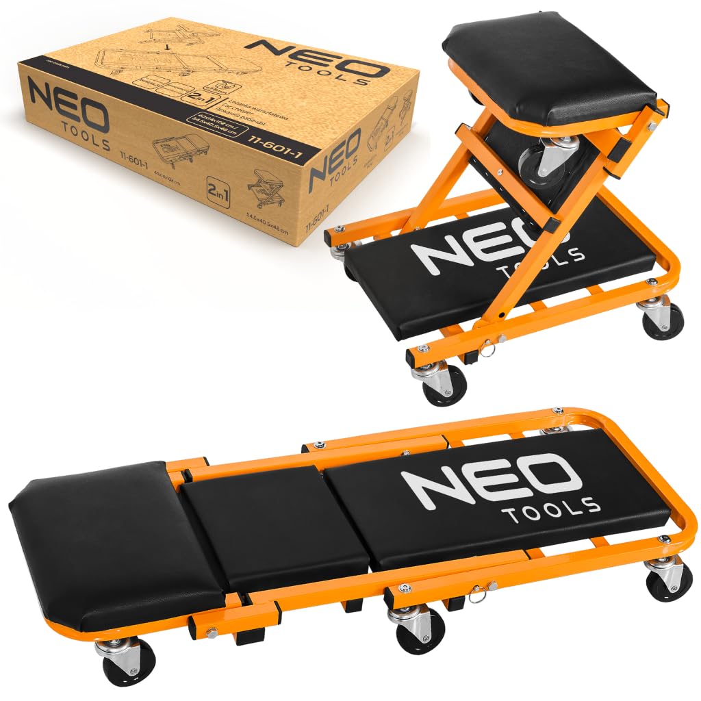 NEO TOOLS 2w1 leżanka warsztatowa na kółkach do samochodów warsztatowych, taboret montażowy, leżanka montażowa do 150 kg, wózek warsztatowy na kółkach | siedzisko obrotowe | funkcja siedzenia i