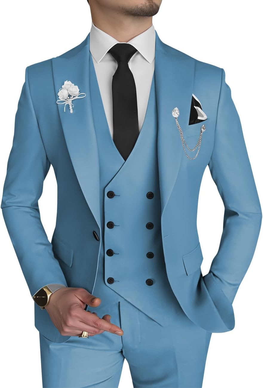 Wangyue Men's 3 Piece Slim Fit Suits Double Breasted Suit Men Formal Suit for Wedding Prom Dinner Party