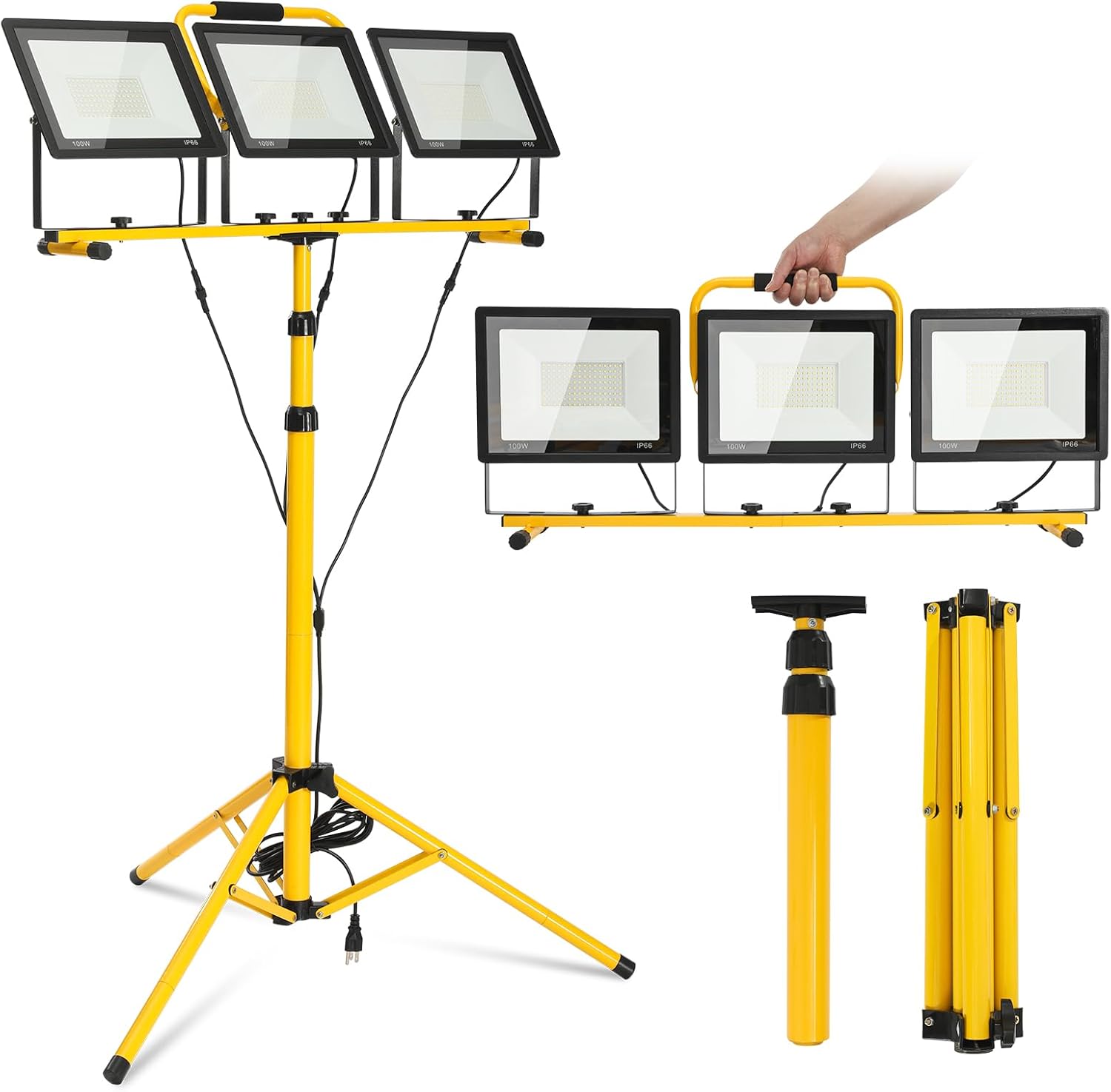 30000 Lumen LED Work Lights with Stand - 3 Head 100W Adjustable with Individual Switch IP66 Waterproof Foldable Tripod 16.4FT Cord, 6500K for Indoor/Outdoor Portable Lighting Job Site Workshop Garage 3 Adjustable Head 100W
