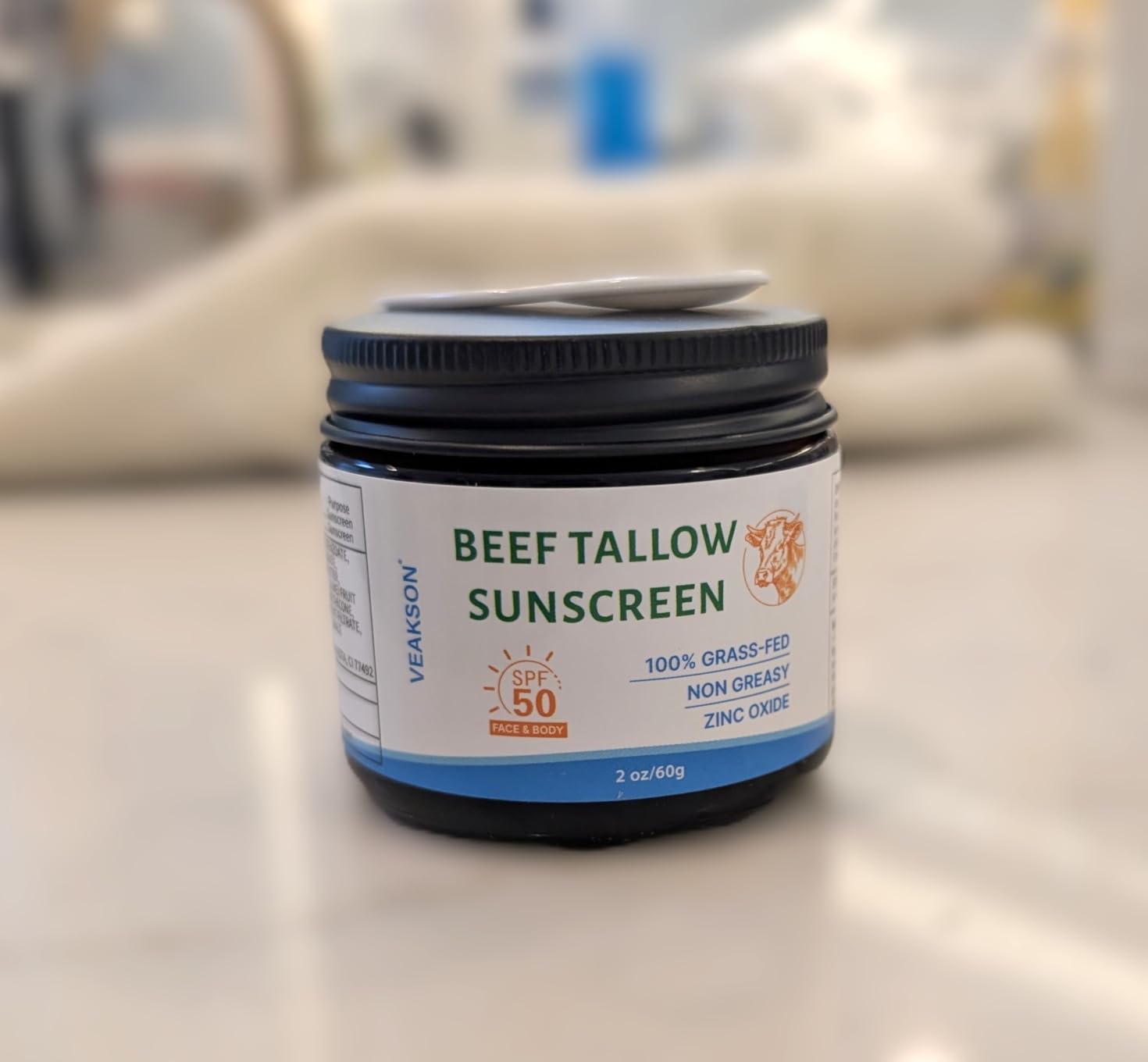 veakson Beef Tallow Sunscreen SPF 50, Organic Grass-Fed Tallow Sunscreen with Non Nano Zinc Oxide, Natural Non-Greasy Formula for Face & Body, Water Resistant, Adult & kids, Reef Safe, Unscented, 60g