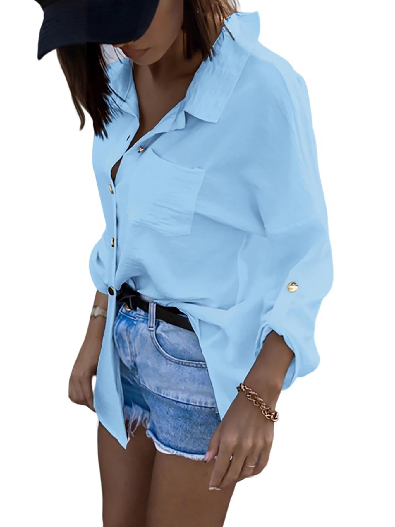 CHICME Button Down Shirts for Women Long Sleeve Blouse Loose Fit Casual Blouse Work Shirt with Pocket Fall
