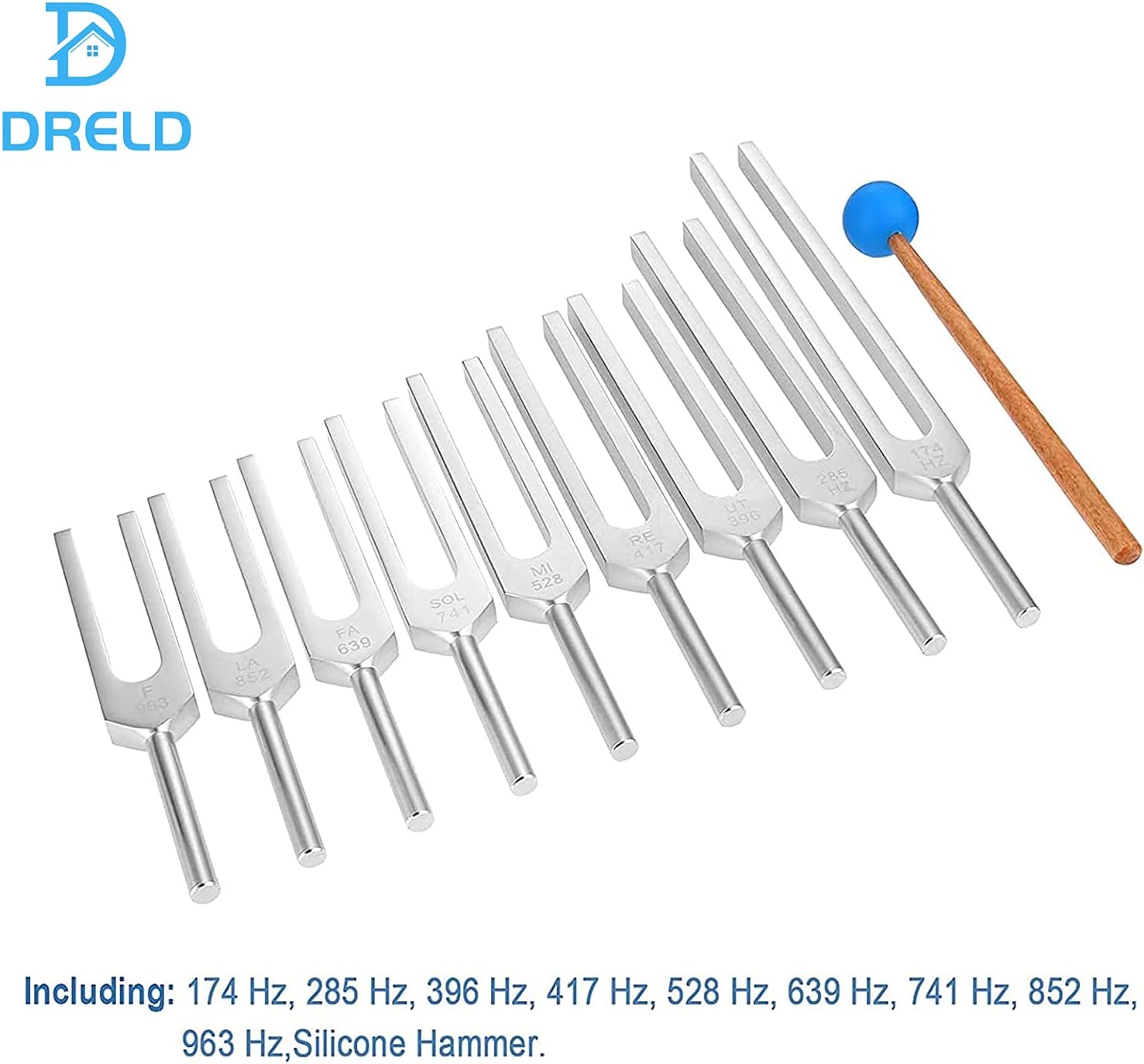 Solfeggio Tuning Forks Set, 9 Tuning Fork for Sound DNA Healing, Vibration, Relax Mind Body with Silicone Hammer and Bag (174 Hz, 285 Hz, 396 Hz, 417 Hz, 528 Hz, 639 Hz, 741 Hz, 852 Hz, 963 Hz) : Musical Instruments