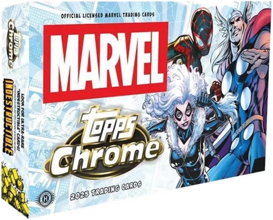 Topps Chrome Marvel 2025 Trading Cards Hobby Box,| Boxes Contain 6 Cards per Pack, 12 Packs per Box, Including 4 Numbered Parallels, 6 refractors, and Various Inserts.