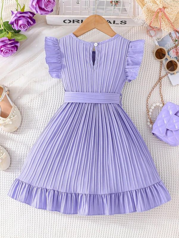 Image of Niren Enterprise Girls' Frill Pleated Design, Ruffle Sleeves, Bow Waist, Elegant Summer & Birthday Party Dress
