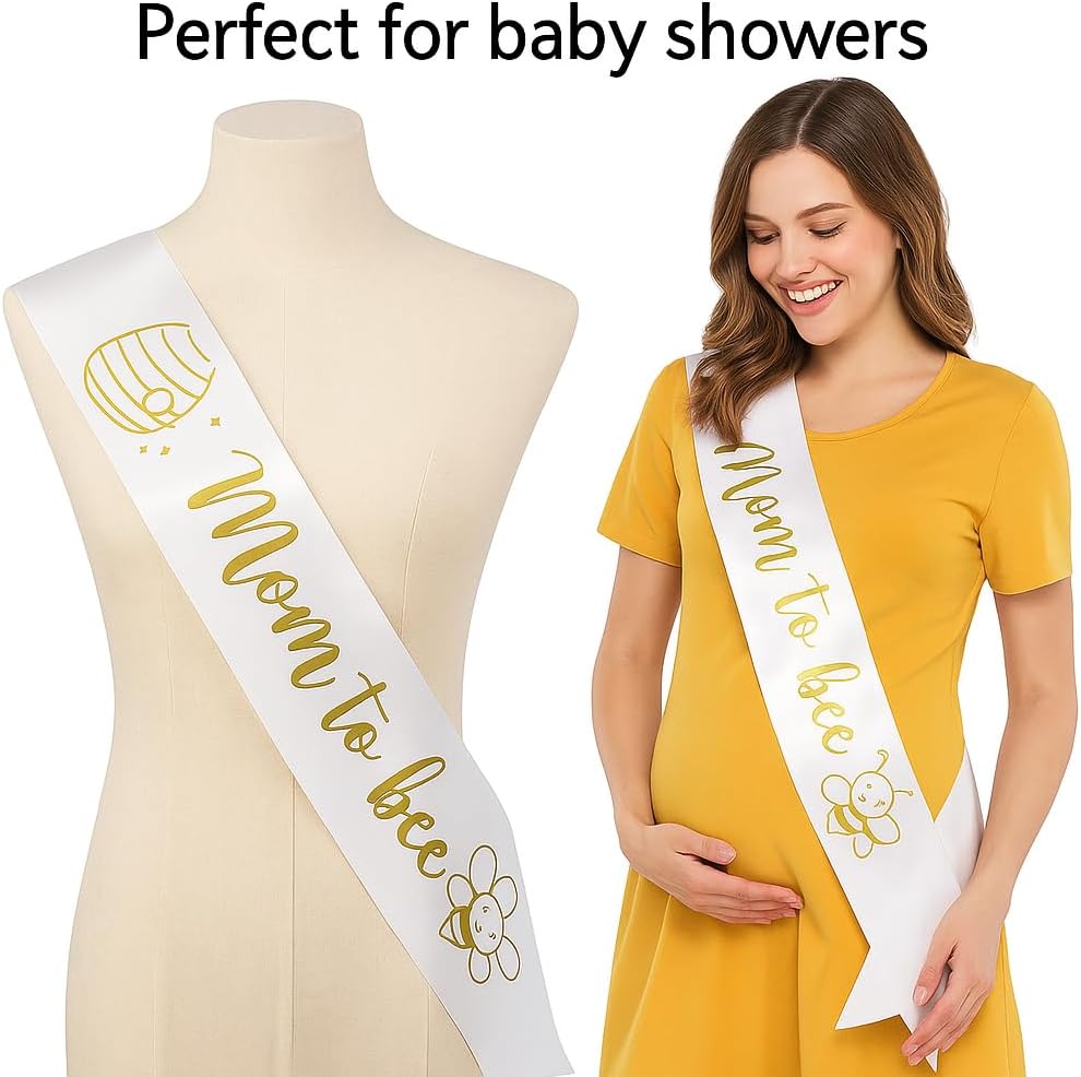 Amy's Bubbling Boutique Honey Bee Baby Shower Sash Mommy to Be Honeycomb Bumble for White & Gold with Rhinestone Pin Gender Reveal