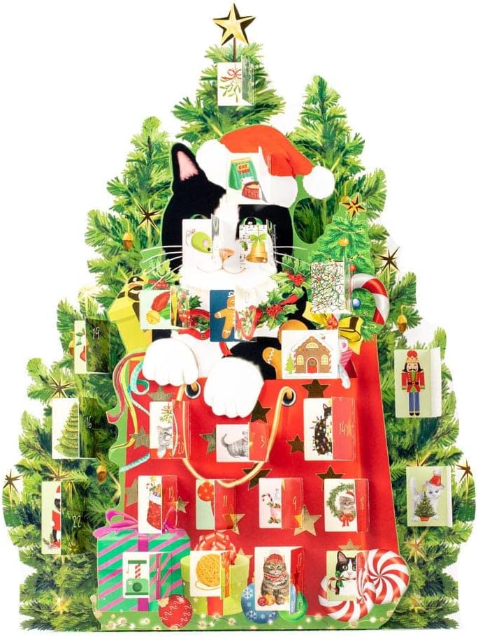 Caspari Christmas Cat Advent Calendar – 3D Die-Cut Holiday Countdown with 24 Windows, Festive Cat Artwork, 12.25" x 17"- 1 Each