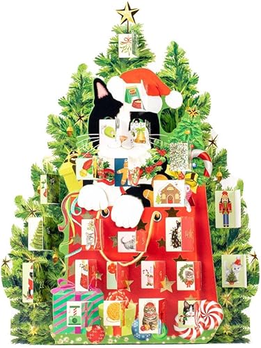 Miniatura 2 de Caspari Calendario de Adviento de gato de Navidad  Cuenta regresiva de vacaciones troquelada 3D con 24 ventanas, arte festivo de gato, 12.25 x 17