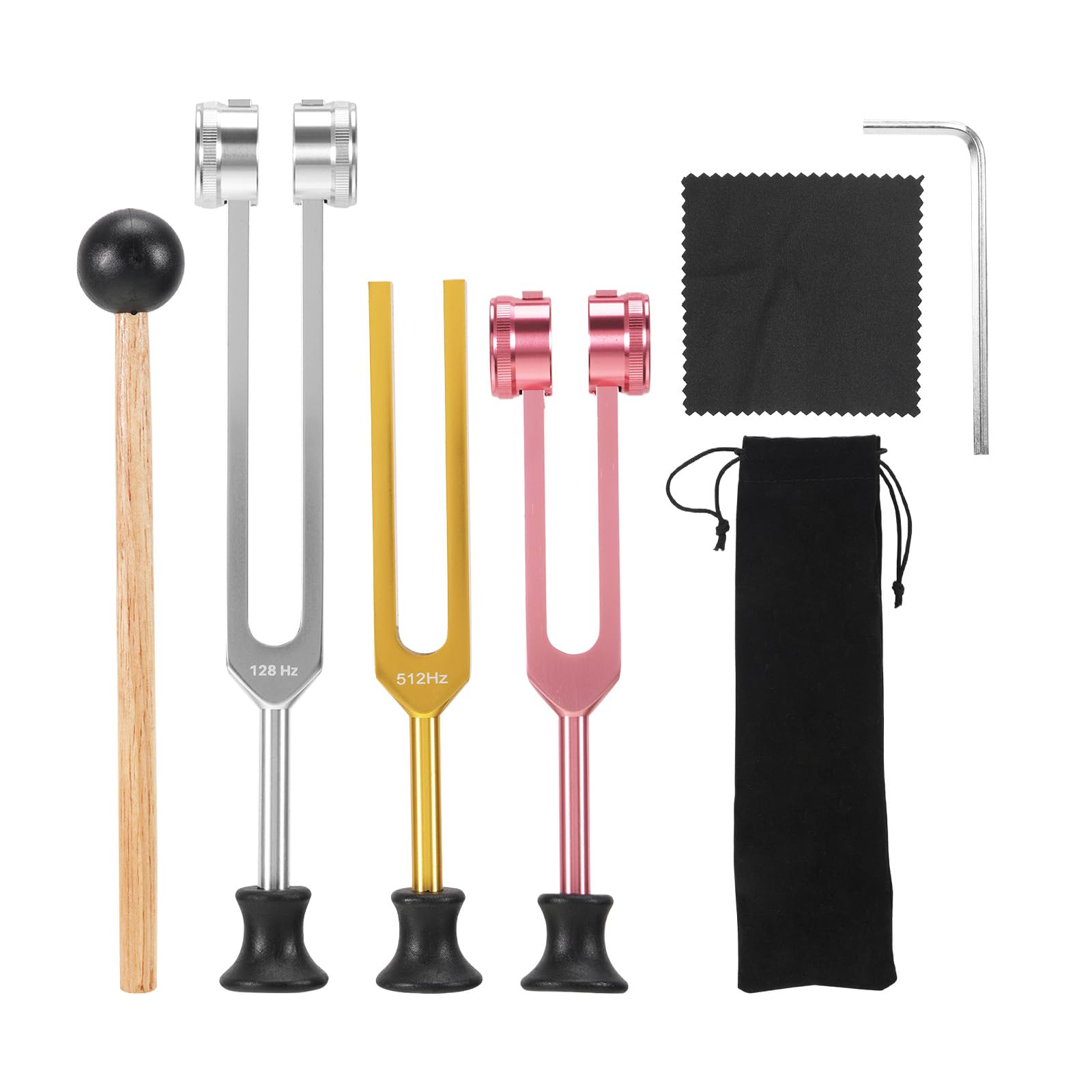 kodivenj Tuning Forks Set, Aluminium Alloy Tuning Fork 128Hz 256Hz 512Hz with Rubber Base and Silicone Hammer