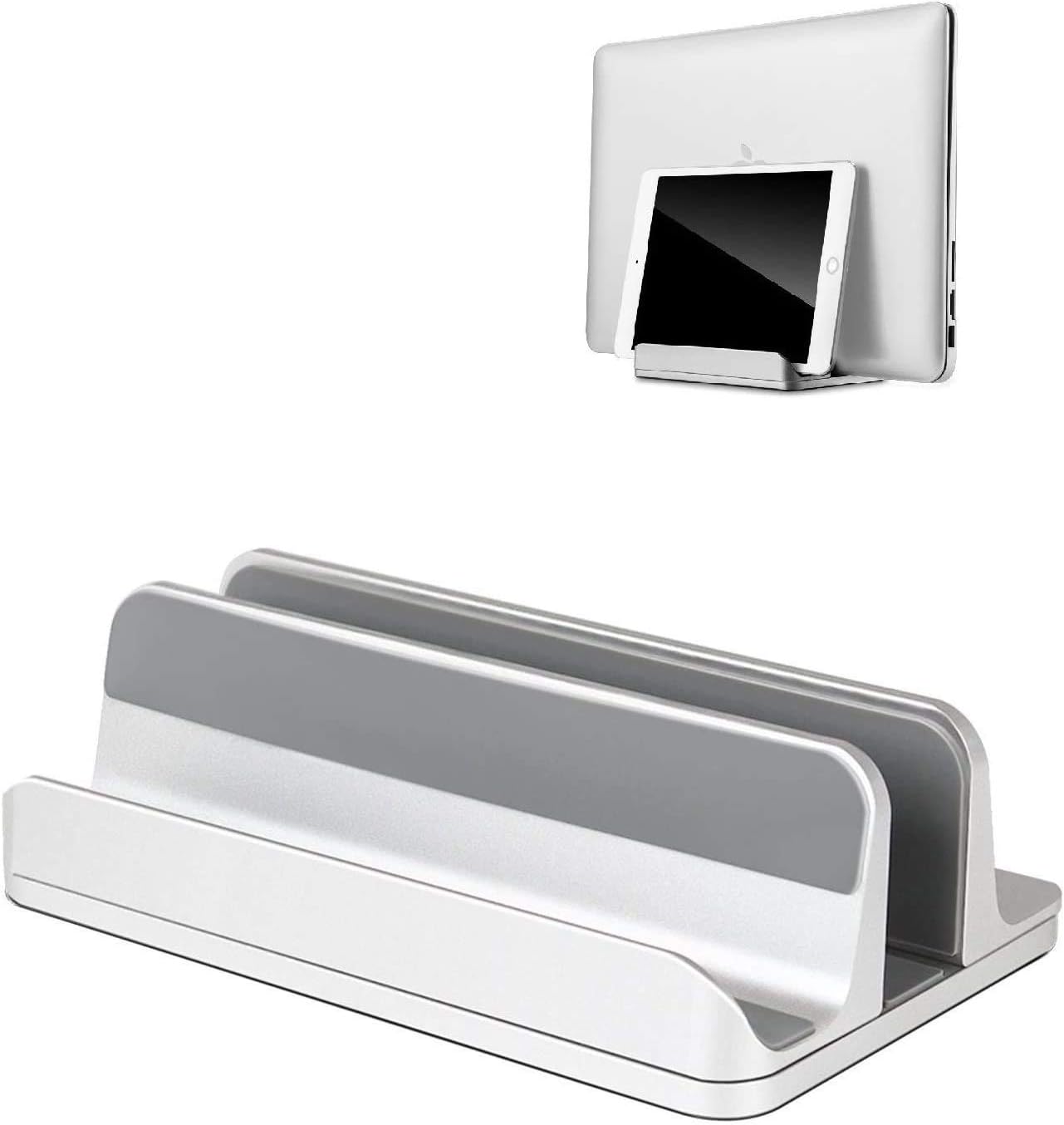 Vertical Laptop Stand, OkeMeeo Adjustable Aluminum Desktop Stand for MacBook and All Laptops (up to 17.3 '') with iPad Holder (Silver)