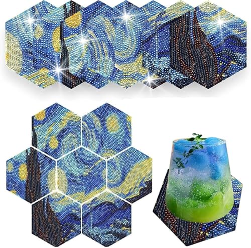 Image of 7 Piece Hexagon 5D Diamond Painting Coasters Set with Holder - DIY Puzzle Coasters Set Inspired by Van Gogh's Starry Night Mosaic Art Cup Mats for Table Decoration & Gift