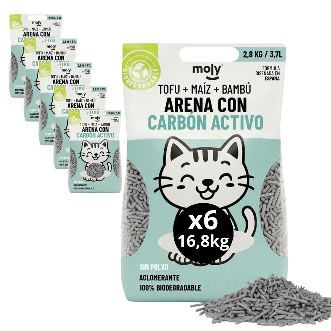 MOLY x6 Arena para Gatos Carbón Activo Biodegradable 16,8 KG 22,2 L | Arena Ecológica Vegetal de Bambú y Maíz Aglomerante | Alta Absorción y Bajo Polvo | Lecho Natural Compostable | Control de Olores