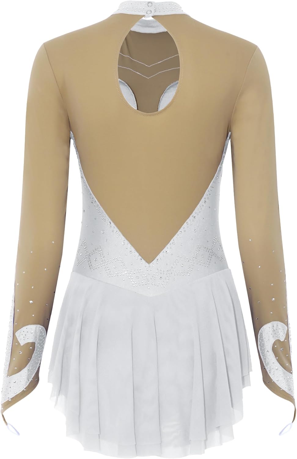 JEYPINMI Ice Skating Dress for Women Rhinestones Long Sleeve Figure Skating Leotard Dress Gymnastics Bodysuit