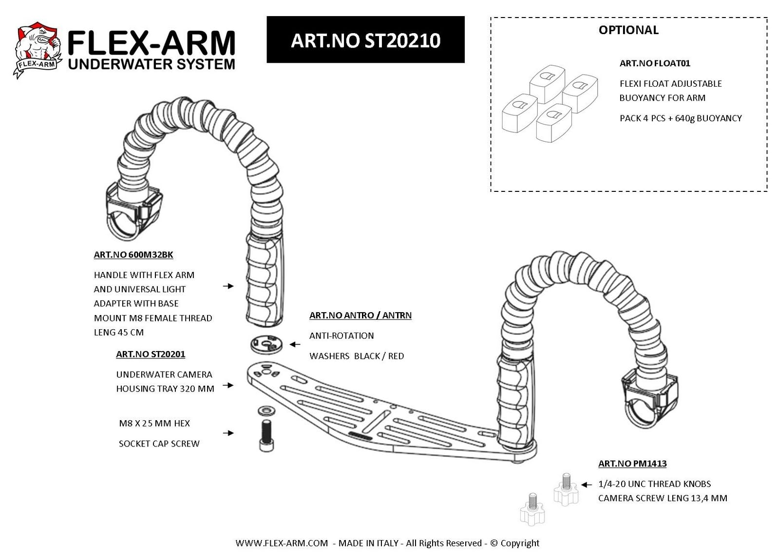 Halterung für Unterwasserfotografie Doppelgriff Flexibler Arm Taschenlampenhalter - Kompakte Unterwasserkameras FLEX-ARM ST20210
