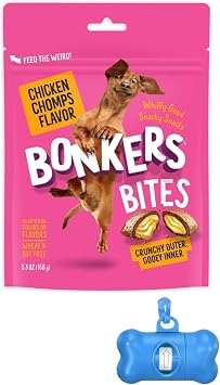Bonkers Bites Dog Treats, Chicken Chomps Flavor, Crunchy & Gooey, 5.3 oz with Bone Waste Bag Dispenser