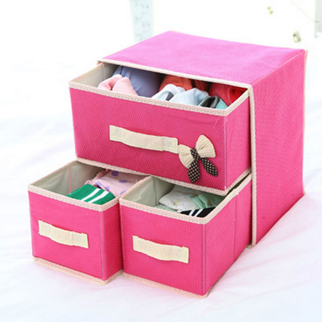 Ruilogod Tela no tejida 2 capas 3 cajones sujetador ropa interior calcetines corbatas caja de almacenamiento fucsia conjunto