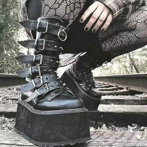 ZKXYFFS Womens High Platform Mid Calf Wedges Booties Chunky High Heel Round-Toe Side Zip Punk Combat Boots For Women Buckle Motorcycle Booties2