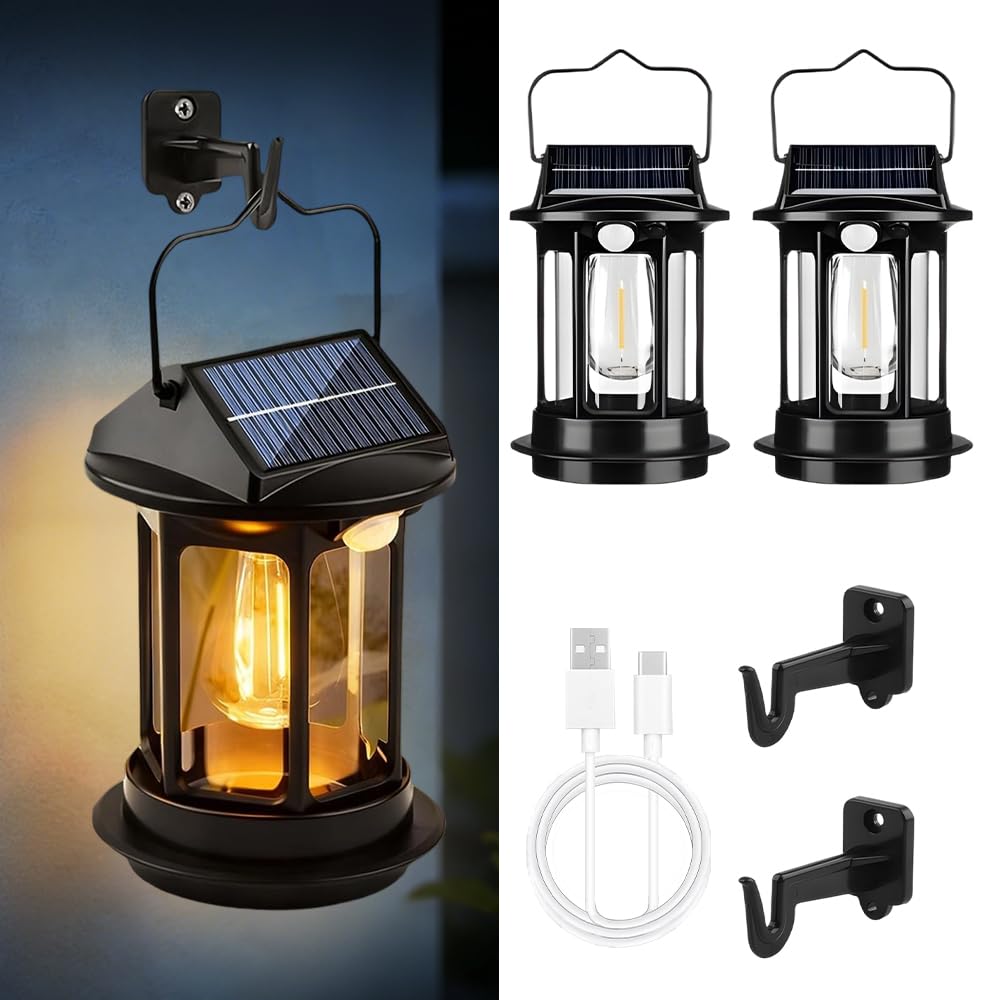 Jonuin Outdoor Wall Lights with Motion Sensor, 2 Pack Waterproof Solar Security Lights Outdoor Wall Mounted with 4 Modes, Solar & USB Rechargeable Hanging Camping Lantern for Garden Doorway