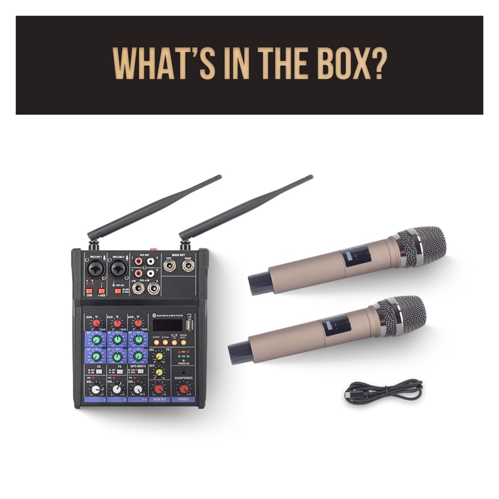 Mezclador de DJ, Mezclador De Audio Dj Consola 4 Canales Con Micrófono Inalámbrico UHF Mezcla Sonido 48V Phantom Power, Estudio