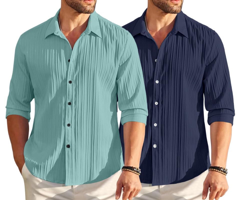 Image of FINIVO FASHION Men's Cotton Blend Shirt Set Lightweight, Full Sleeves, Plain Texture, Button Closure, Summer Ready (Pack of 2)