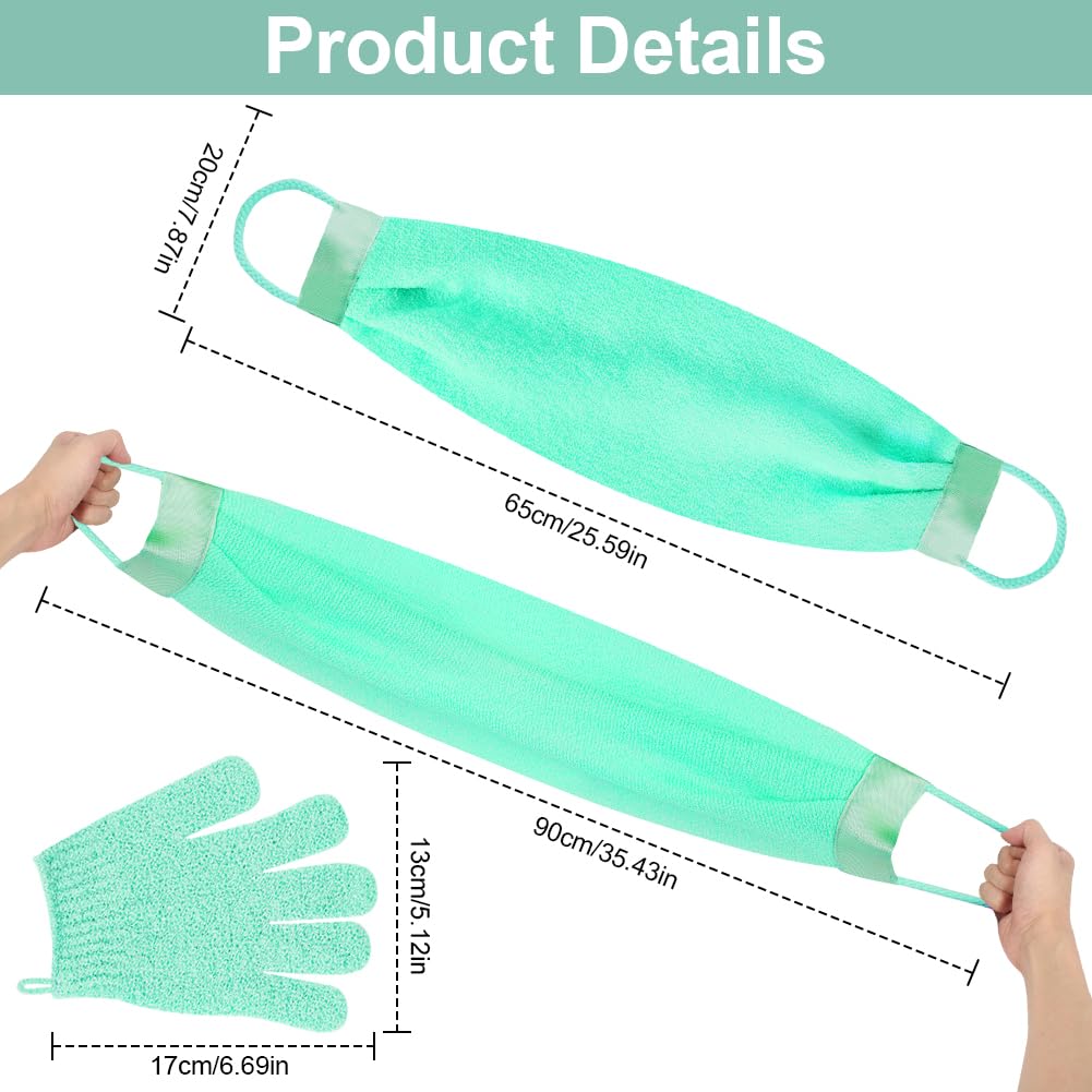 Set Guanto Scrub Corpo, 2 Guanti Esfolianti e 1 Scrubber per la Schiena, Panno Esfoliante Corpo Asciugamani Esfolianti per il Corpo Unisex, Guanti Esfolianti per Esfoliante/Doccia/Spa (Verde) - 2