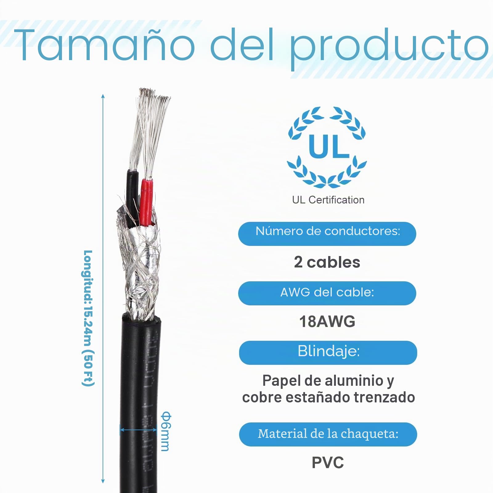 sourcing map 1 cable blindado UL2464 de 18 AWG 15,24 m (50 pies) 300 V 2 conductores de PVC eléctrico CNC con blindaje de doble capa para electrodomésticos, cableado automotriz