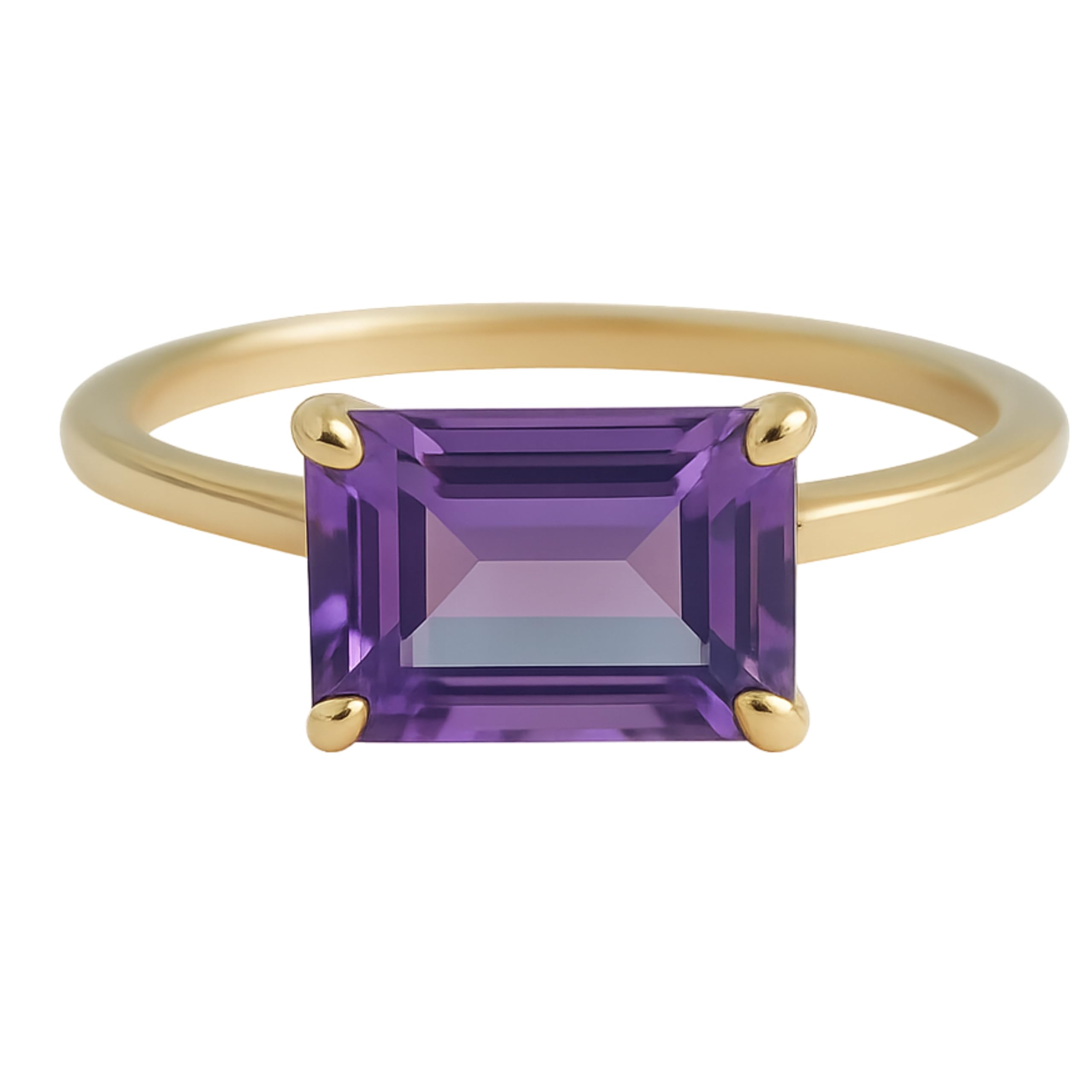 Anillo de plata de ley bañado en oro con amatista talla baguette