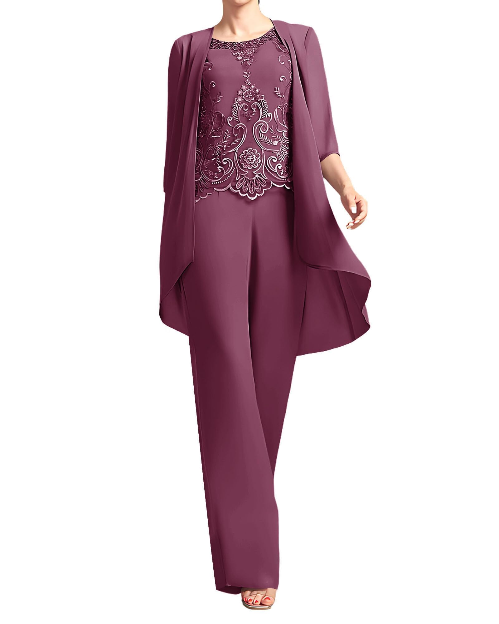 3 Piece Mother of The Bride Pant Suits - 3 4 Sleeve Chiffon Lace Plus Size Women Wedding