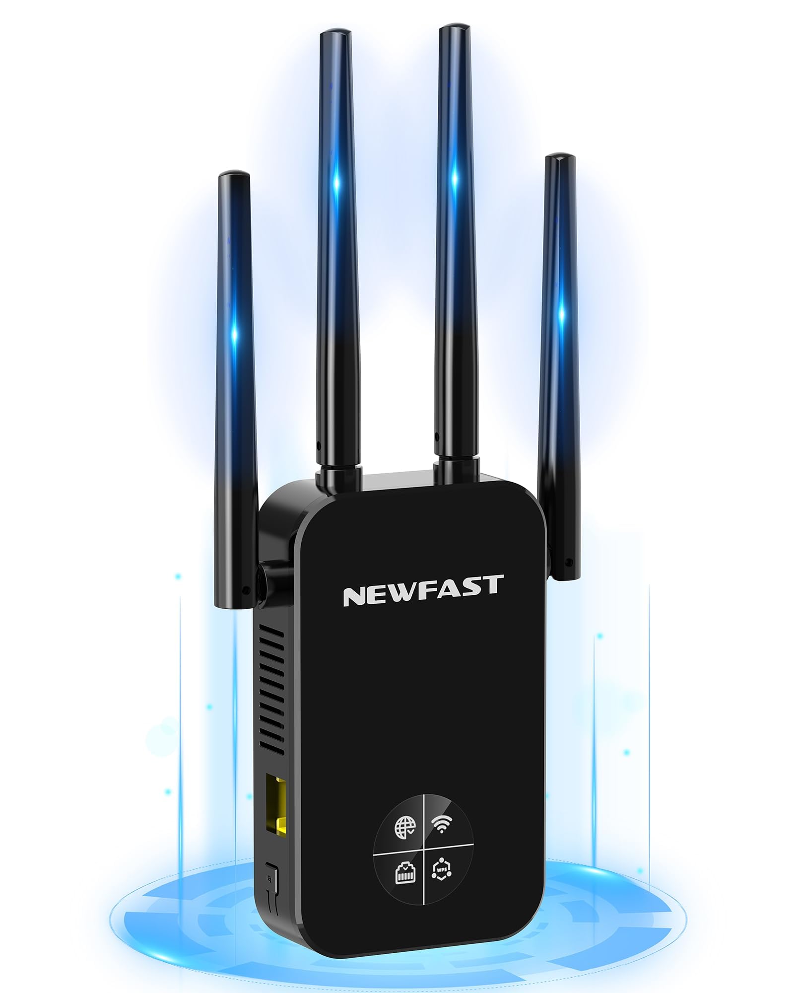 NEWFAST Ripetitore WiFi Potente per Casa, 1200Mbps WiFi Extender Dual Band 2.4GHz/5GHz con 4 Antenne ad Alto Guadagno, Porta Ethernet, WPS, Display Intelligente, Supporta Modalità Ripetitore/Router/AP