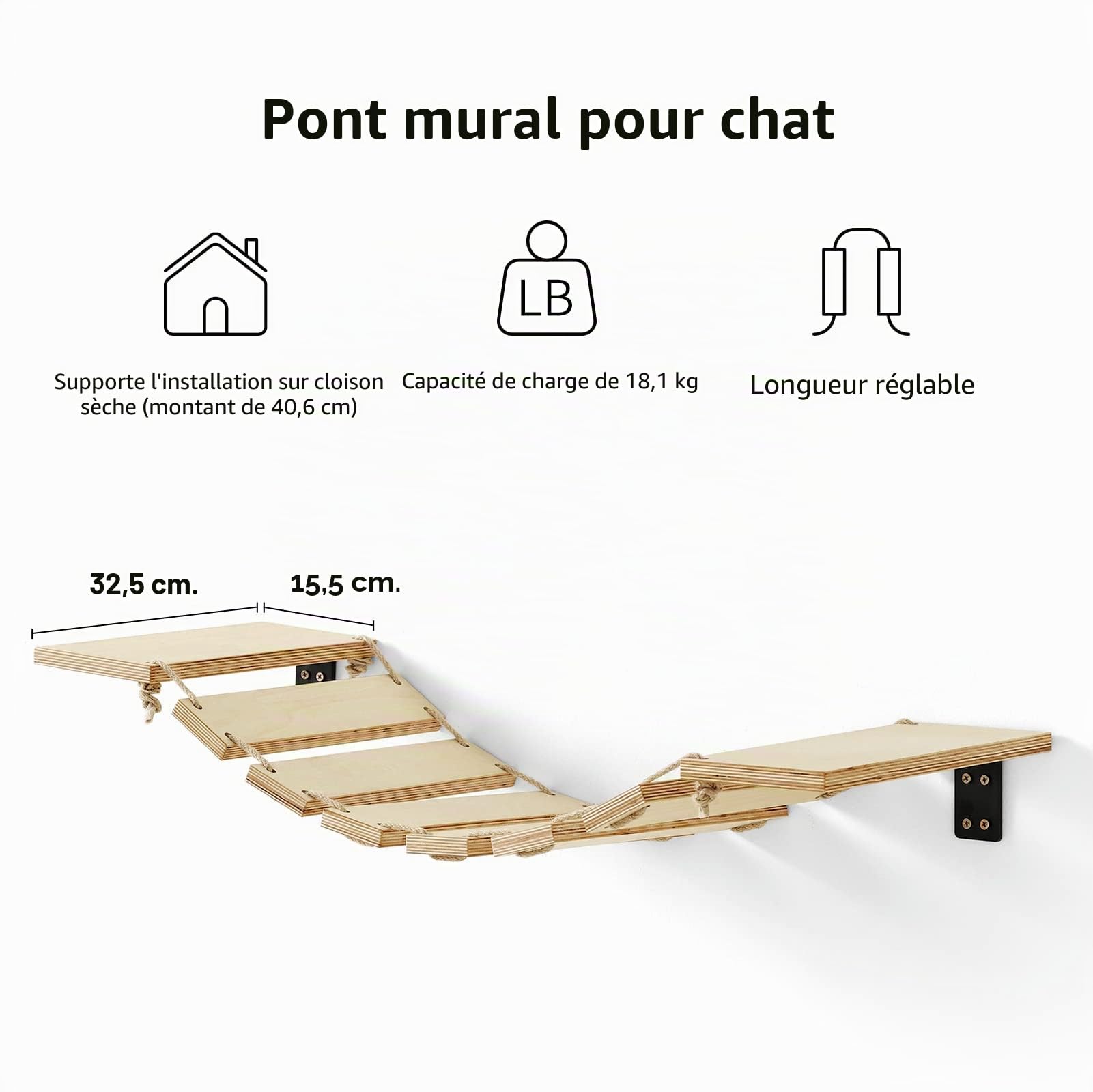 FUKUMARU Étagère Murale pour Chat, Pont, Perche, Arbre à Chat, Meuble pour Dormir, Jouer, Escalader et Se Détendre, Bois d'Hévéa Massif