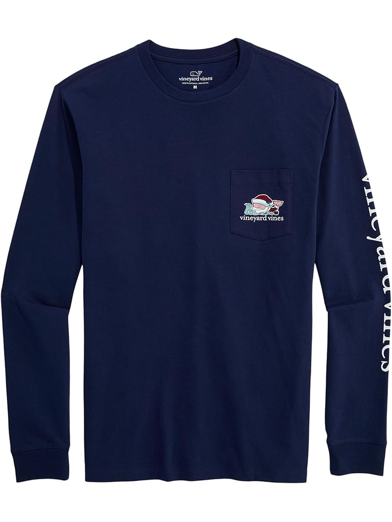 Navy Vineyard Vines Santa Whale List Long Sleeve Pocket Tee
