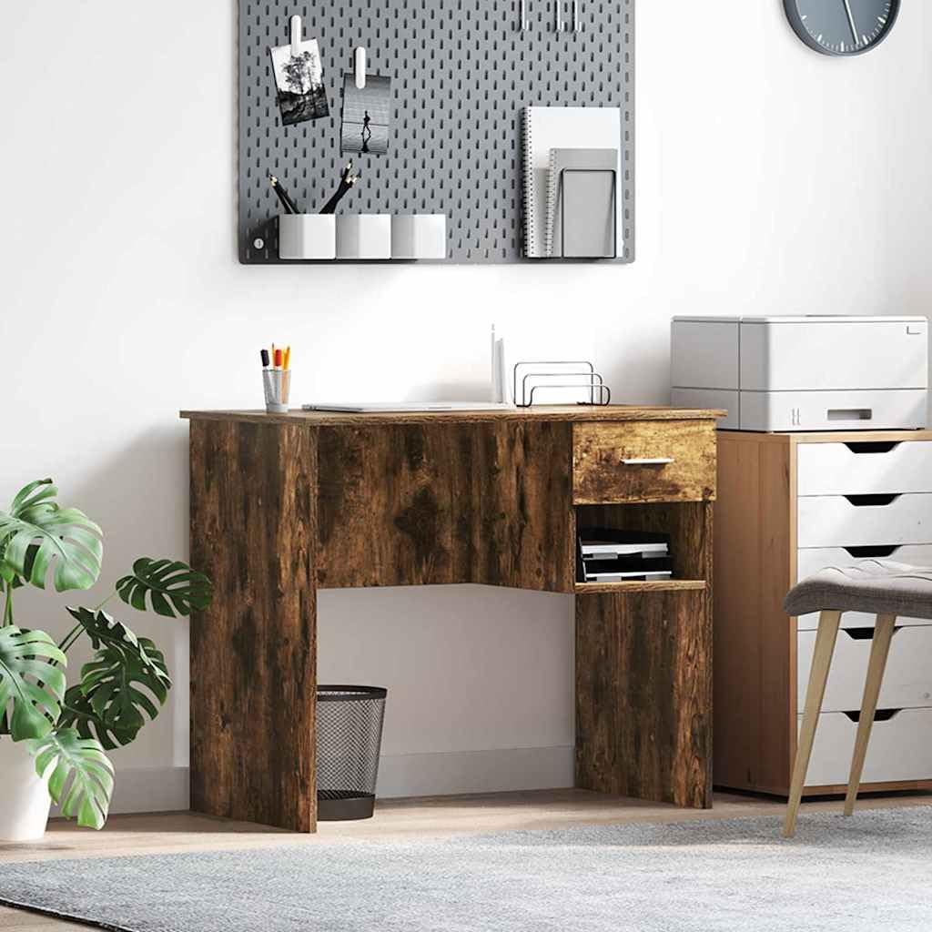 Scrivania affumicatura 90 x 49,5 x 75 cm, materiale in legno, Computer Desk con cassetto, scaffale, Home Office Desk Modern, Durevole