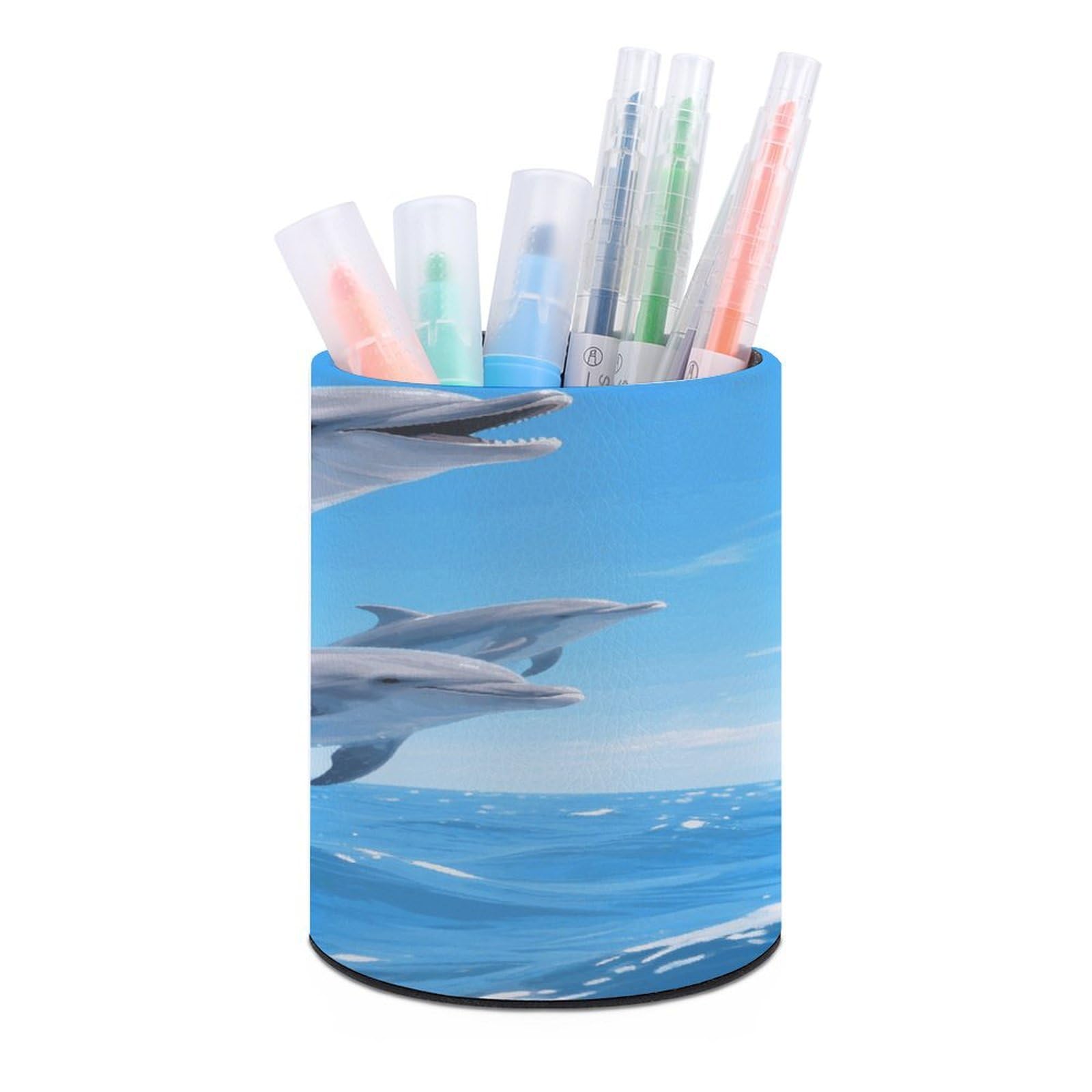 VstaDank Dolphins Pen Holder Round Pencil Holder Cup Pen Container PU Leather Desk Organizer Stand Decor Brush Scissor Holders Decoration Office Desk Home (3.1 X 3.9 Inches)