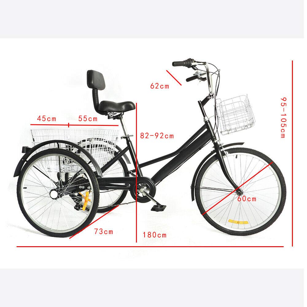 Dreirad für Erwachsene, 24 Zoll Erwachsene Dreirad 7 Gang Dreirädriges Cruiser-Fahrrad für Erholung Mit Vorderer Rahmen und Rückenlehne für Erholung, Einkaufen, Picknicks (Schwarz)