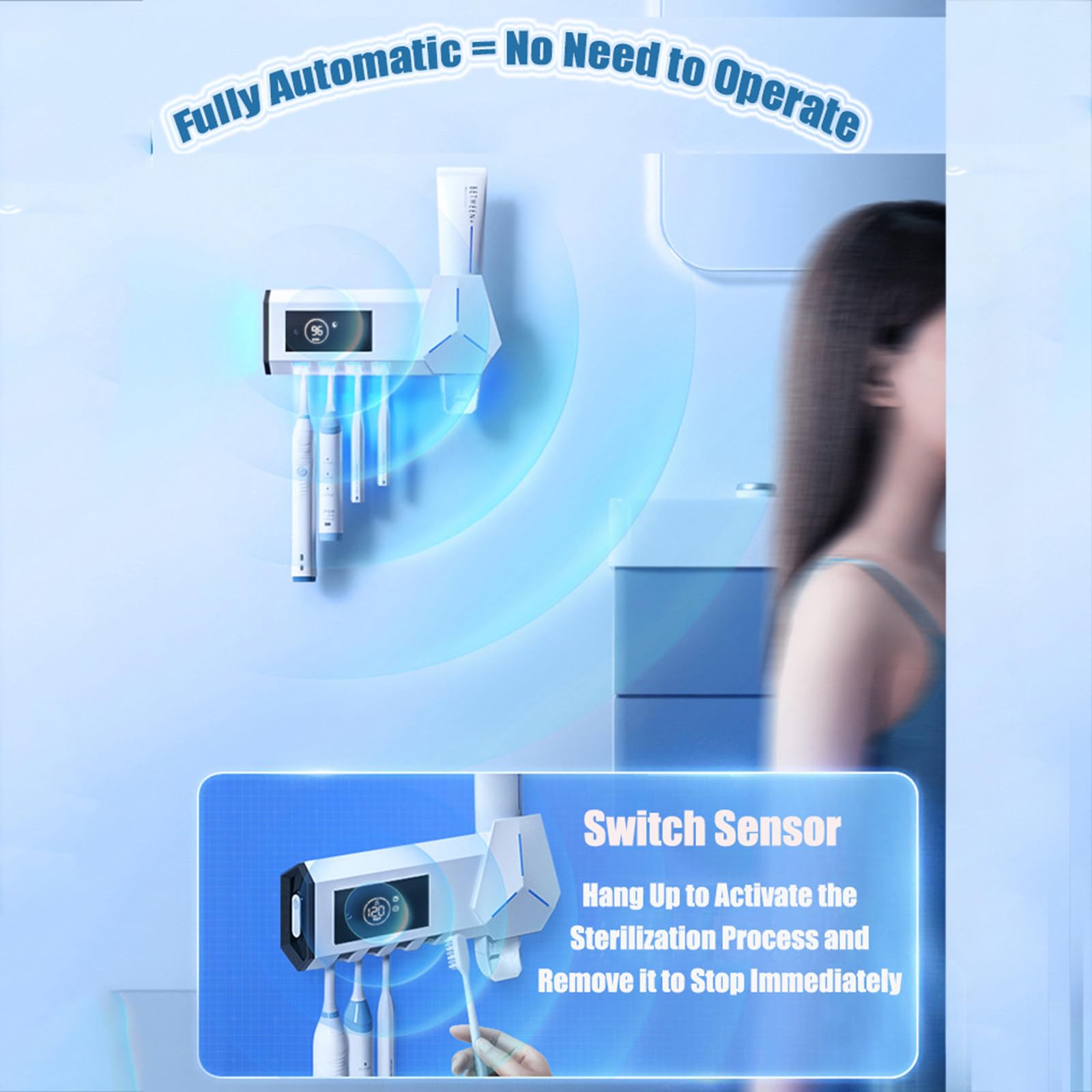 Sterilizzatore per spazzolino UV intelligente Disinfezione senza punzonatura Scaffale per spazzolino da denti Spazzolino da denti a parete Spremere dispositivo per dentifricio,Black