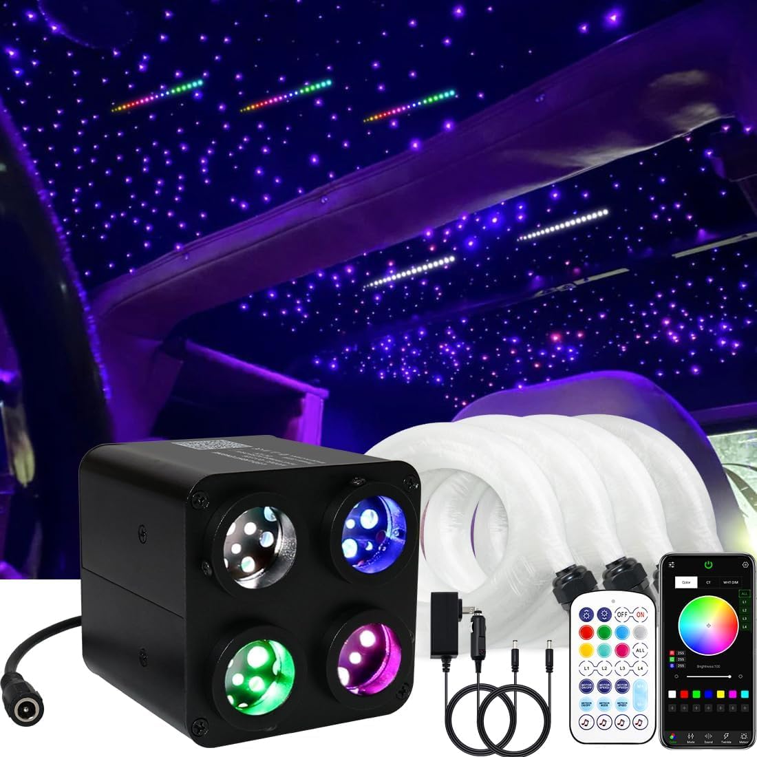 36W 4-Color RGBW Meteor+Twinkle Fiber Optic Headliner Kit, 2-in-1 Meteor Starlight Engine with 1200pcs0.75mm3m+120pcs Shooting Star Fibers, APP/Remote/Sound-Activated Control for Car & Home Cinema