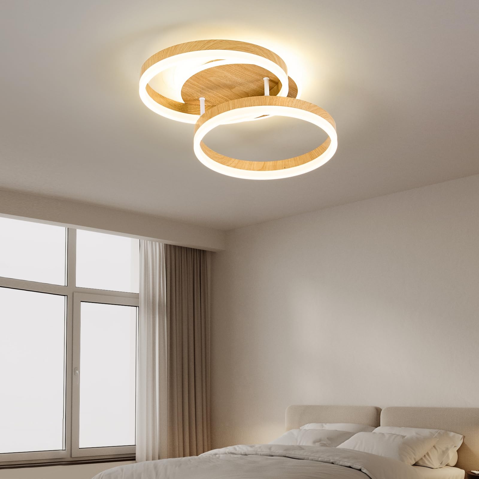 Plafón LED Salón 2 Anillos φ50 cm, 36 W Lámpara de Techo Moderna Regulable con Mando a Distancia, de Metal+Acrílico, para Sala de Estar, Dormitorio, Comedor -Imitación Madera