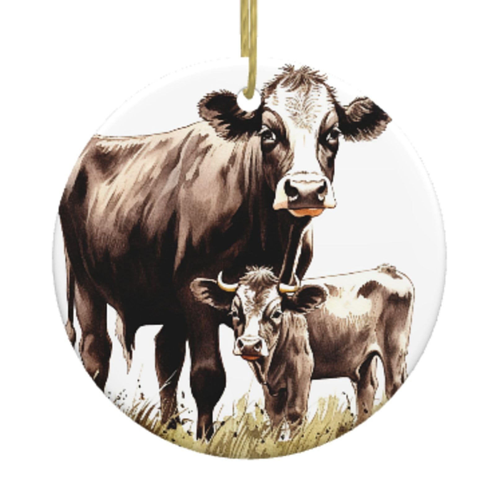 Ceramic Christmas Tree Hanging Ornaments with Gold Ropes Christmas Tree Decorations Round Ceramic Cow Painting Pendant Keepsake Decorations for Holiday Xmas Gift Ideas
