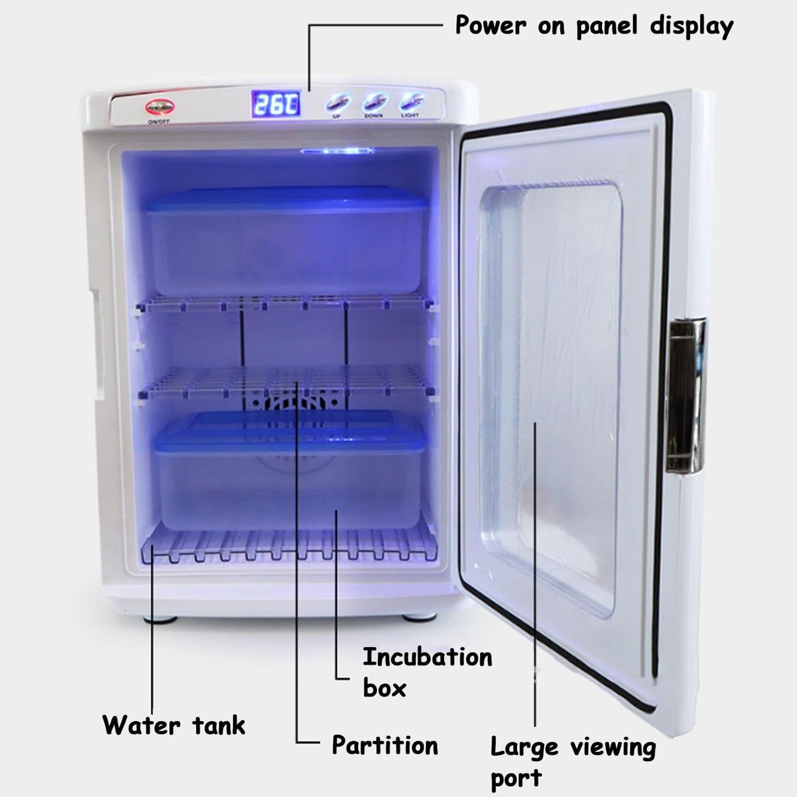 Incubatrice per Rettili da 25L, Incubatrice Digitale per Uova 5°C-60°C con Termostato Riscaldamento & Raffreddamento - Box Scientifico Portatile con Luce LED per Serpenti, Lucertole, Tartarughe White