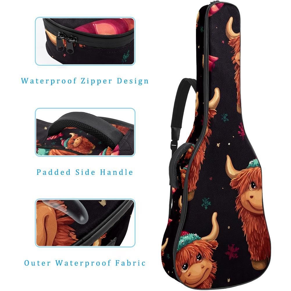 Gitarrentasche, volle Größe, 99 cm, 101,6 cm, 104,1 cm, für Akustikgitarre, Konzertgitarre, 10 mm dick, gepolstert, Weihnachts-Hochlandrind-Gitarrenkoffer, wasserdicht, mit Tasche