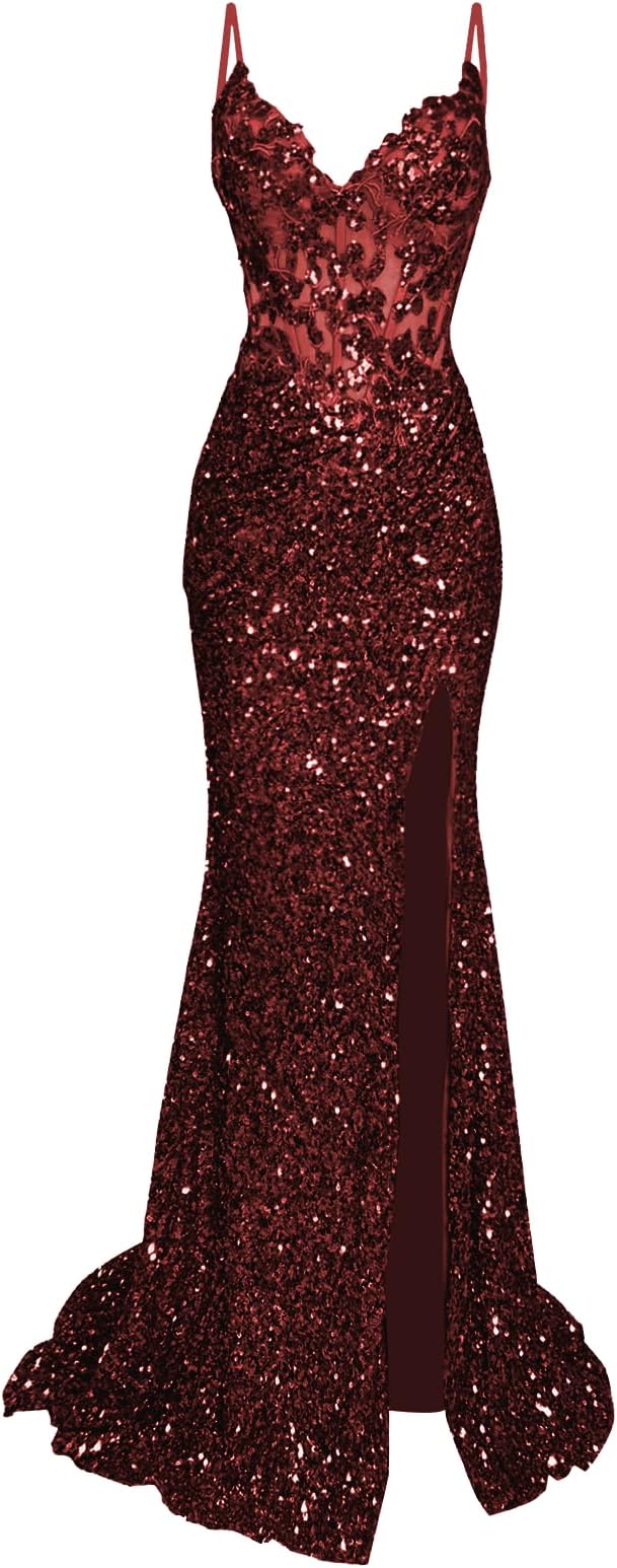 Sparkly Prom Dresses Long Sequin Mermaid Spaghtti Straps Lace Applique Corset Ball Gown