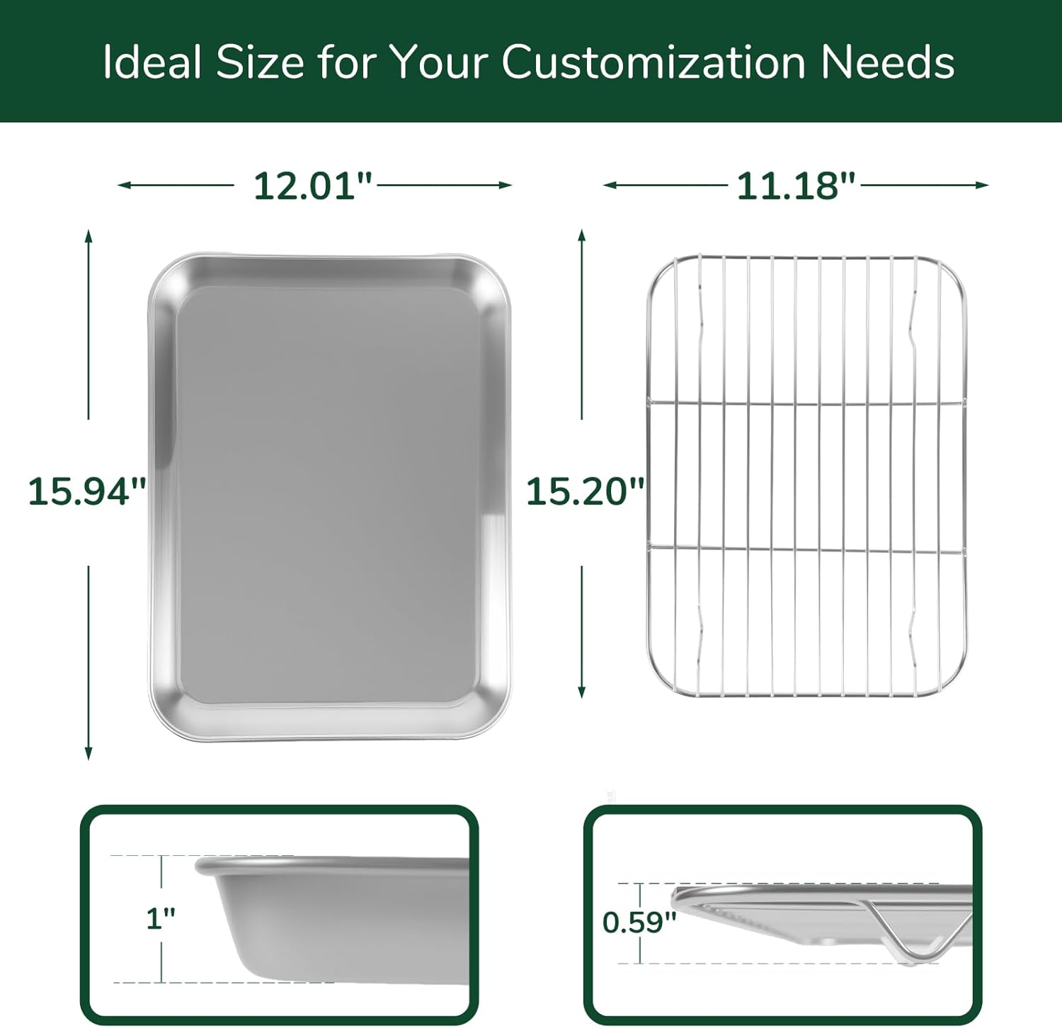 18/0 Stainless Steel Baking Sheet with Cooling Rack, 12.4 & 15.9 Inch Oven-Safe Non-Toxic Cookie Sheets for Baking, Coating Free & Rust Resistant for Healthy Family Baking, Easy to Clean