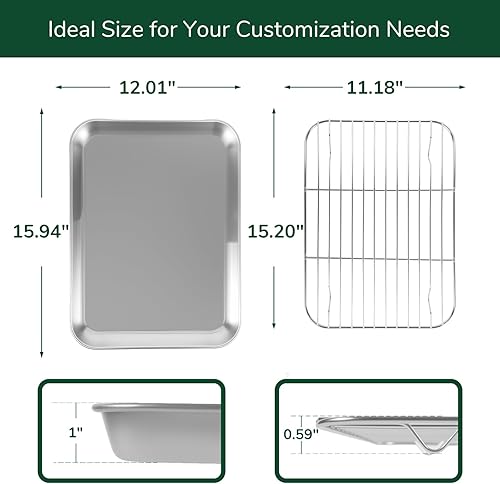 Miniatura 6 de Juego de 4 bandejas para hornear de acero inoxidable 180 con estante de enfriamiento, aptas para horno, no tóxicas, para hornear, sin revestimiento