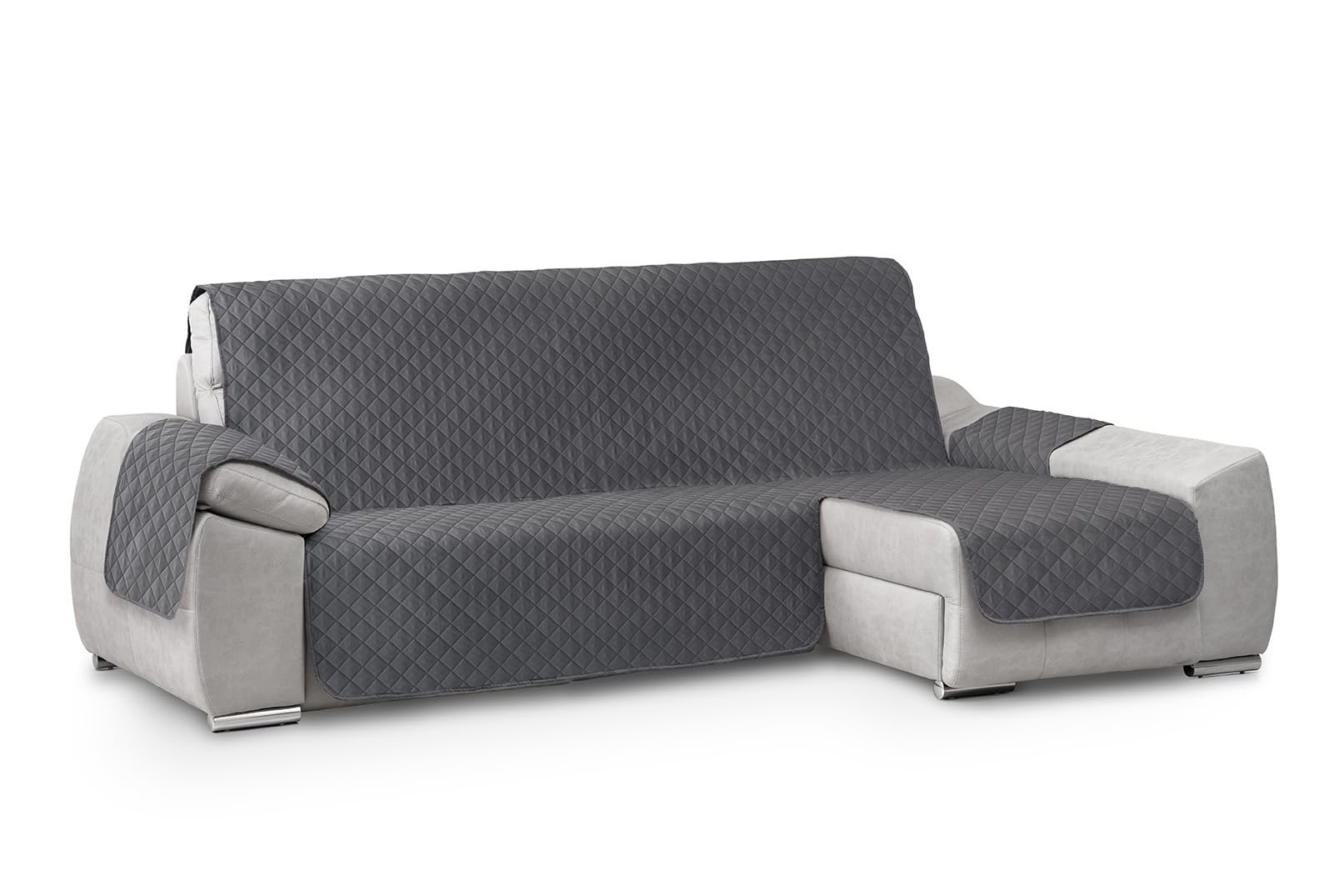 Textilhome Copri divano con Penisola Destro, Copridivano Chaise Longue CIRCUS – Salvadivano Trapuntato Universale con Bracciolo, Antimacchia, 200 cm, Grigio