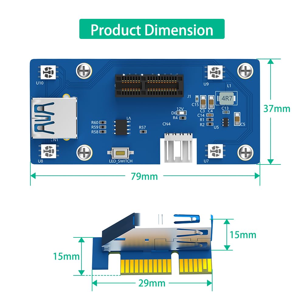 PCI-E 1x to 1X/4x/8x/16x Extender Riser Card Adapter with USB 3.0 & SATA Power Cable and Automatic Discoloration LED and Magnetic Foot Pads for Mining Machine Enhanced