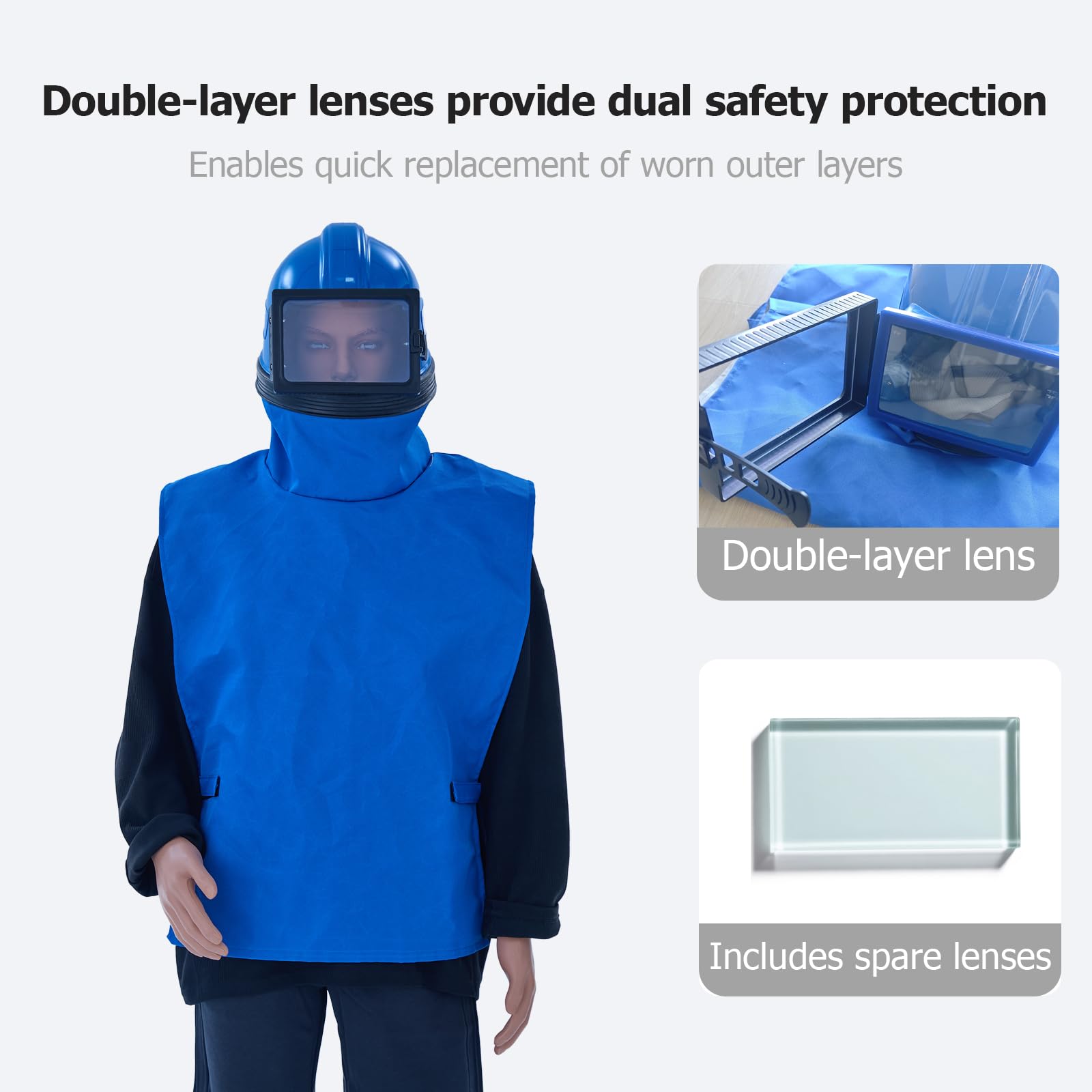 Capucha profesional azul para chorro de arena, 1 lente reemplazable, casco de chorro de arena a prueba de polvo, se adapta a trajes de protección. Ideal para chorro de arena, pulverización