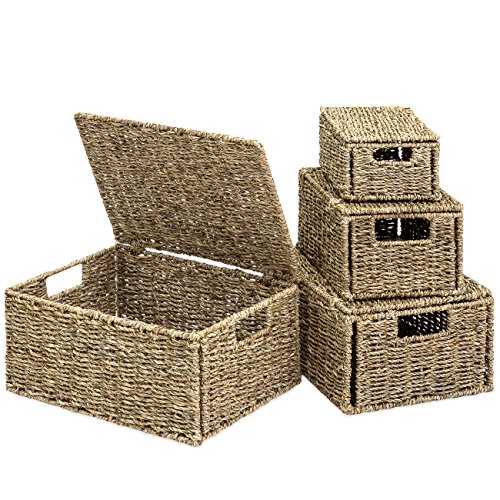 Best Choice Products Woven Seagrass Multi-Purpose Storage Box Baskets for Home Decor, Organization w/Lids, Set of 4, Natural