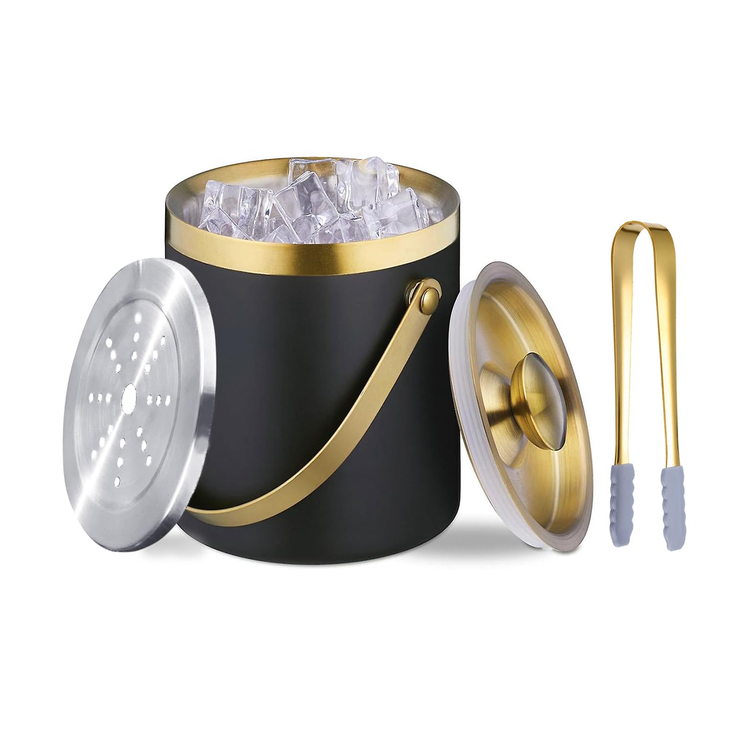 Cubo de hielo aislado con tapa, asa y pinzas, cubo de champán de acero inoxidable negro dorado para fiestas, 3 L, accesorios para mantener las bebidas frías