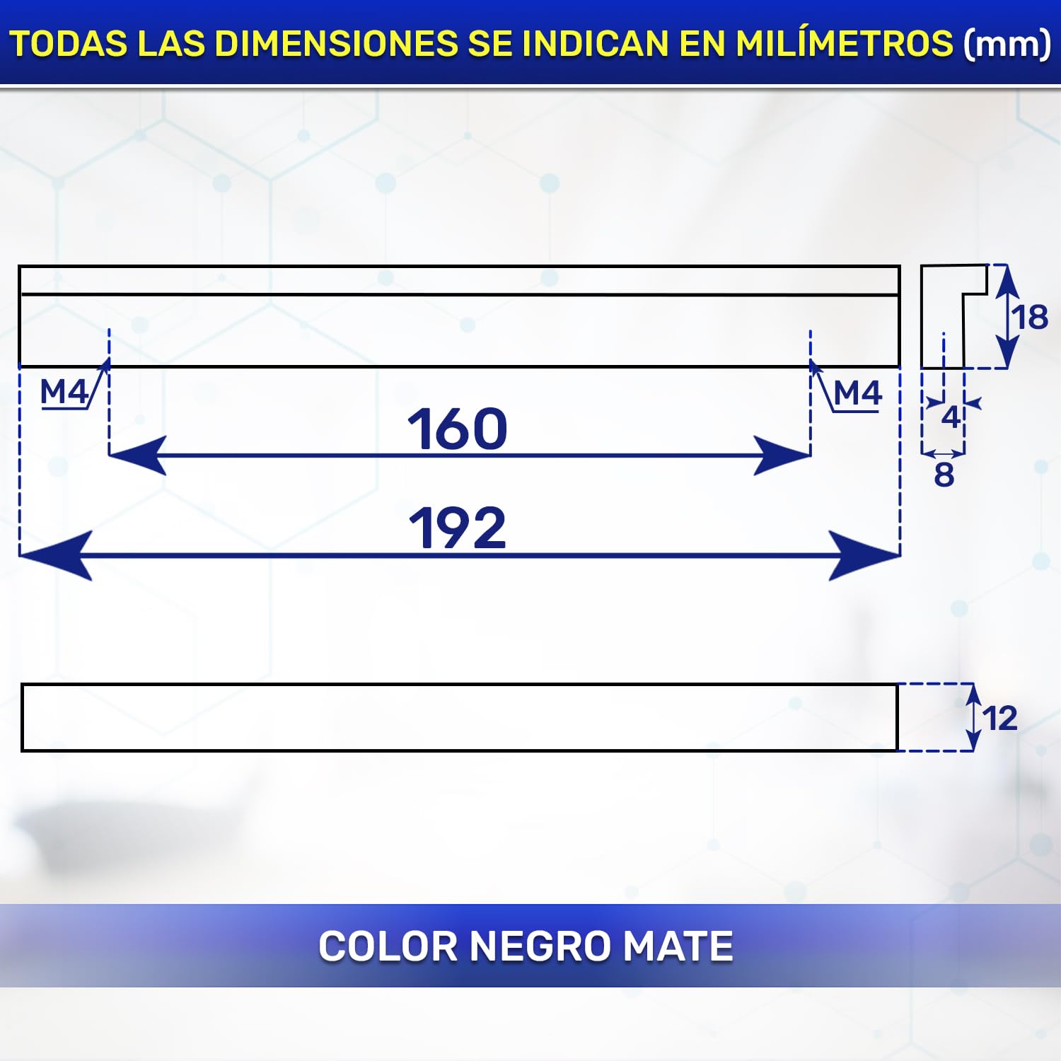 20x Tiradores Cocina 192x12x18mm Distancia Entre Orificios Montaje 160mm