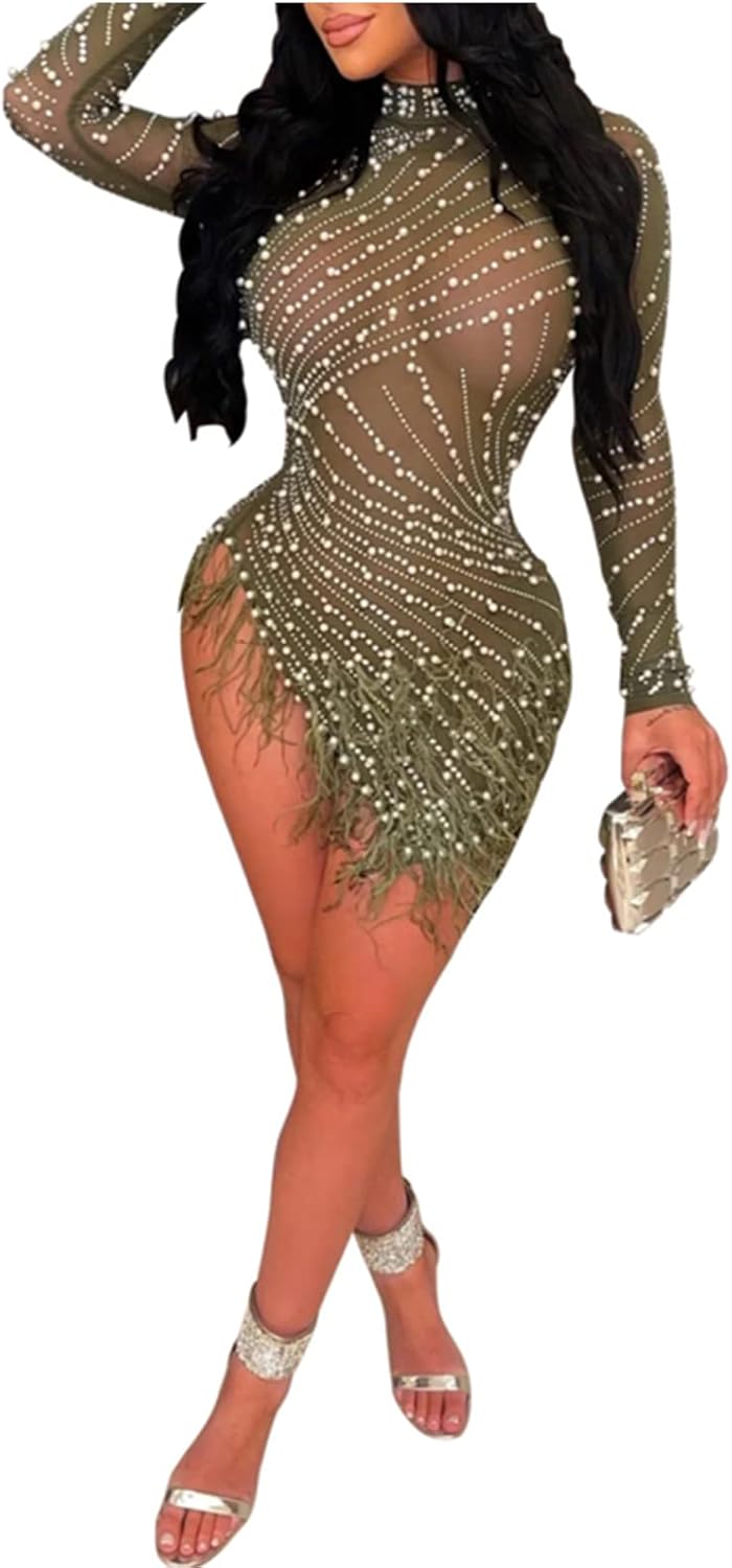 ENOPINK Women Sexy Rhinestone Feather Dress Mesh Sheer Bodycon Long Sleeve Mini Dresses Birthday Outfits Clubwear